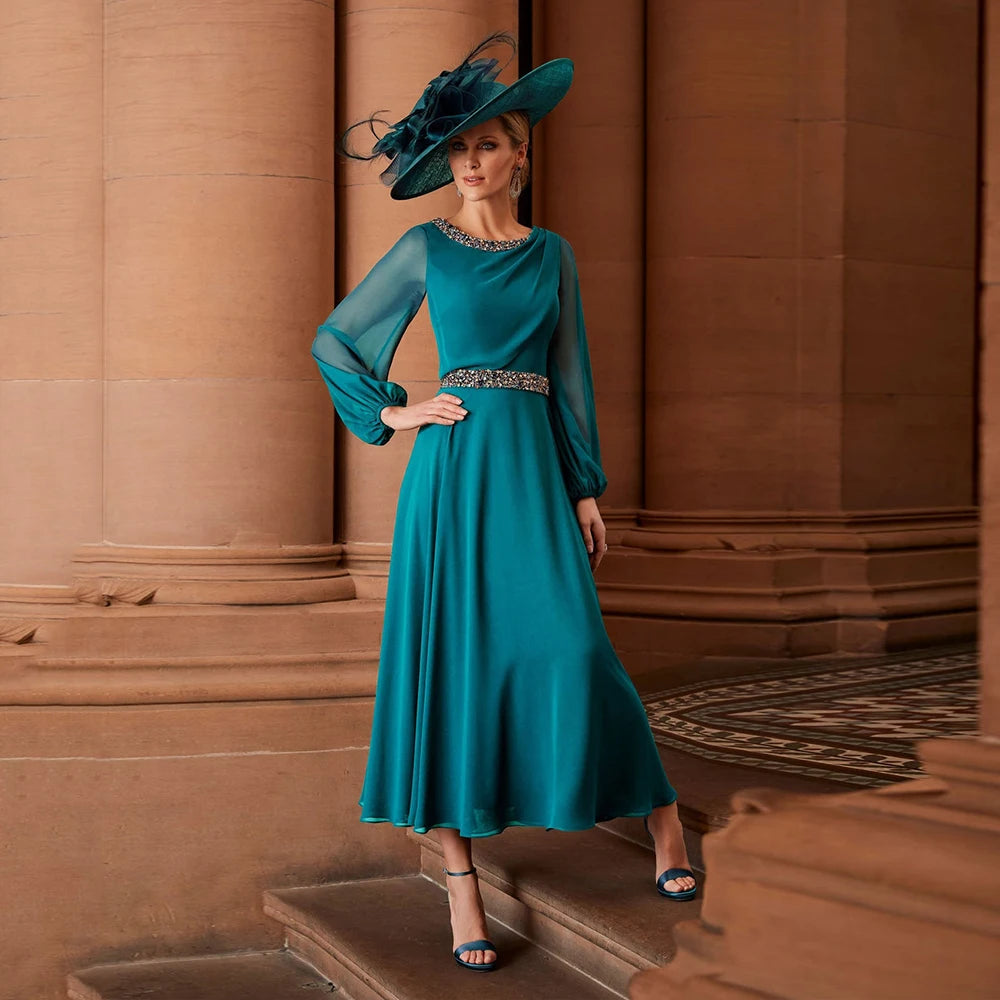 Customized Modern Sequined Sashes Mother of the Bridal Dresses Scoop Full Sleeve Chiffon Guest Wedding Party Gown 2022 Latest Mo