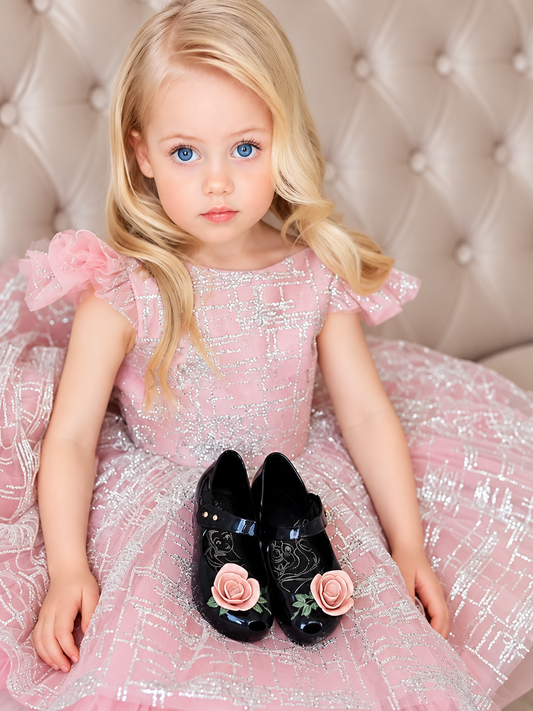 Little girl wearing a pink sequin tulle birthday party dress with a voluminous princess skirt - HER SHOP®
