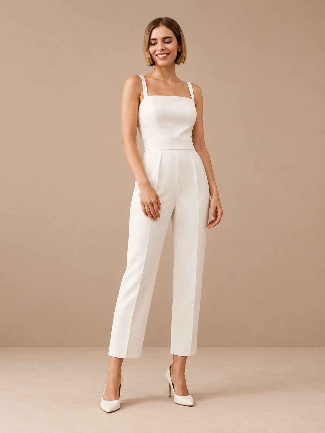 2-in-1 Bridal Jumpsuit with Detachable Satin Overskirt – Square Neck, Custom Made