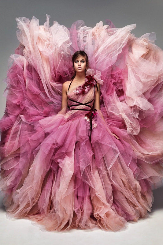 Pink One-Shoulder Evening Dress - Custom Made, Floor-Length with Gorgeous Handmade Flowers - High-Quality - HER SHOP