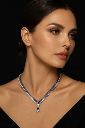 Elegant 925 Sterling Silver Blue Pear Spinel & Ruby Pendant Necklace  -  High Carbon Diamond Gemstone Jewelry