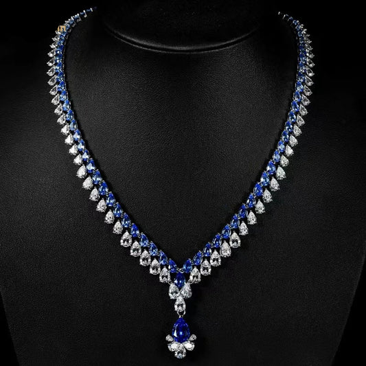 Elegant 925 Sterling Silver Blue Pear Spinel & Ruby Pendant Necklace - High Carbon Diamond Gemstone Jewelry - HER SHOP