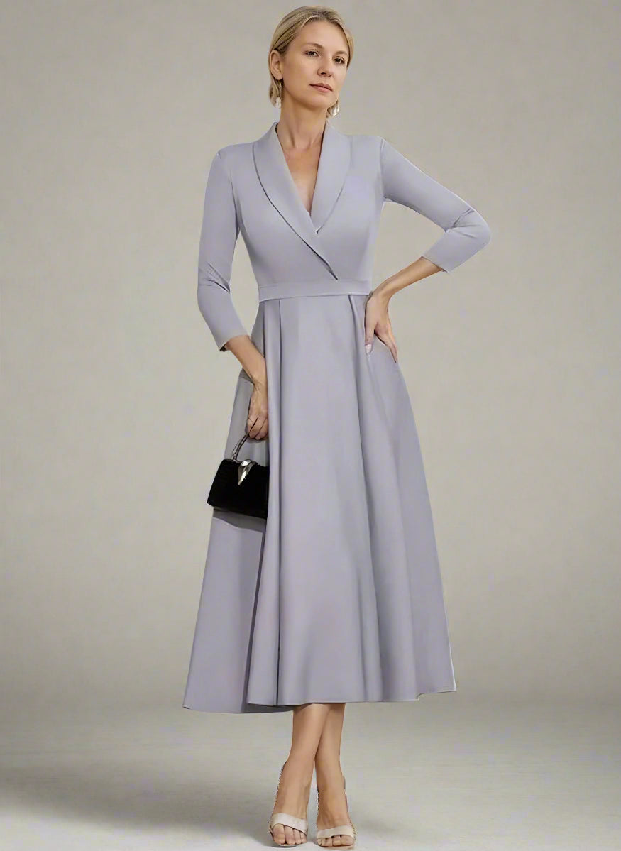 Elegant A-Line Mother of the Bride Dress – Simple Satin Tea-Length with 3/4 Sleeves | 2025 Wedding Guest Look