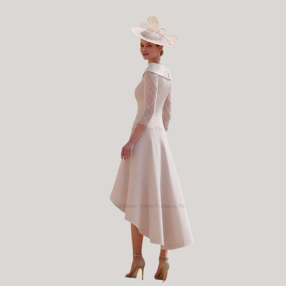 Elegant A-Line Mother of the Bride Dress – V-Neck Tea-Length Gown with Beaded 3/4 Sleeves | Wedding & Party Wear