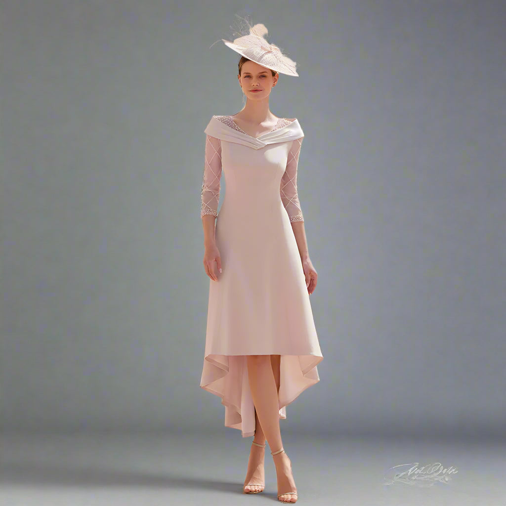 Elegant A-Line Mother of the Bride Dress – V-Neck Tea-Length Gown with Beaded 3/4 Sleeves | Wedding & Party Wear