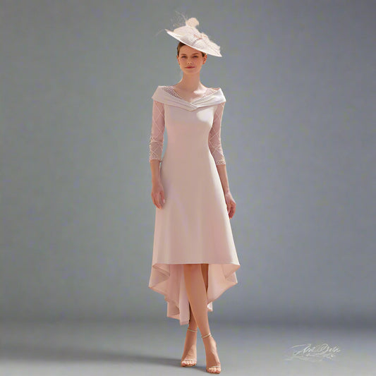 Elegant A-Line Mother of the Bride Dress – V-Neck Tea-Length Gown with Beaded 3/4 Sleeves | Wedding & Party Wear HER SHOP - HER SHOP®