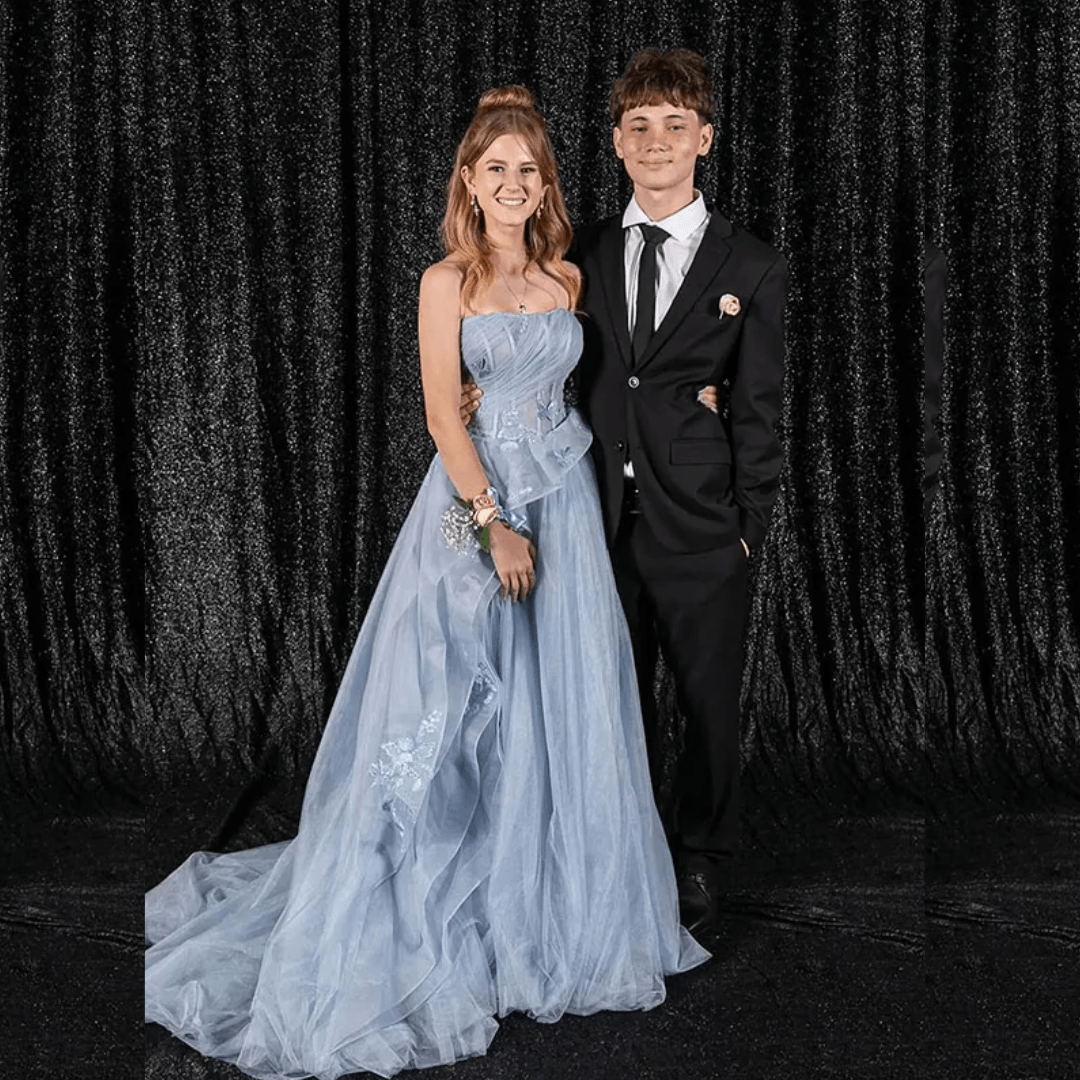 Elegant Blue Strapless A-Line Prom Dress Puffy Tulle Gown with Ruf HER SHOP Elegant Blue Strapless A-Line Prom Dress Puffy Tulle Gown with Ruf HER SHOP