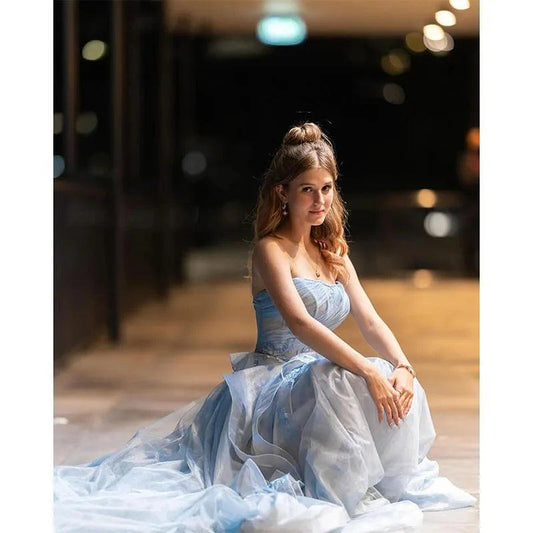 Elegant Blue Strapless A-Line Prom Dress – Puffy Tulle Gown with Ruffles and Appliques for Graduation and Special Occasions - HER SHOP