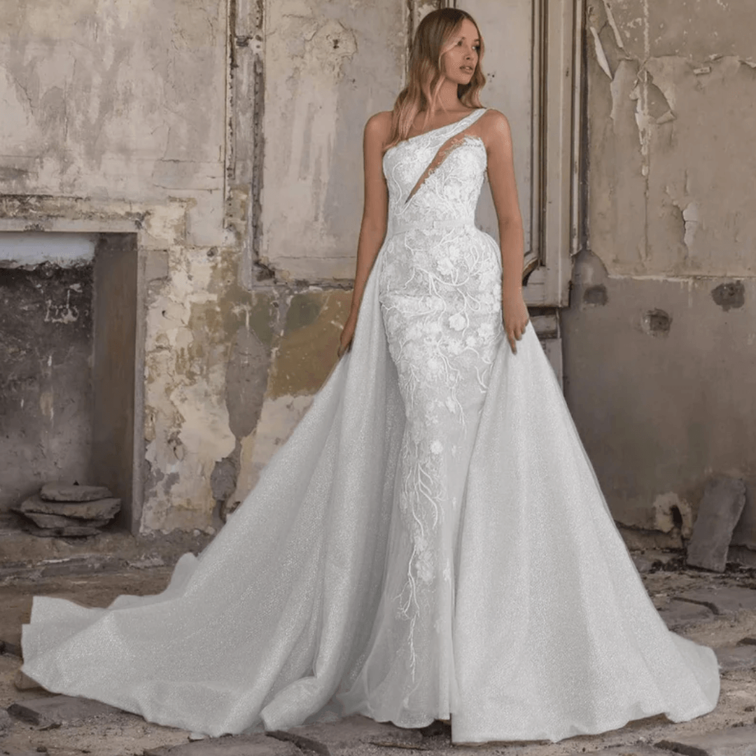 Custom Made Elegant One-Shoulder Mermaid Wedding Dress Detachable Train & Organza Tulle As picture / 4 Custom Made Elegant One-Shoulder Mermaid Wedding Dress Detachable Train & Organza Tulle As picture / 4