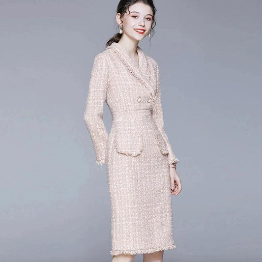 Elegant Pink Tweed Tassel Dress – Slim Fit Long Sleeve One-Piece for Spring & Autumn - HER SHOP