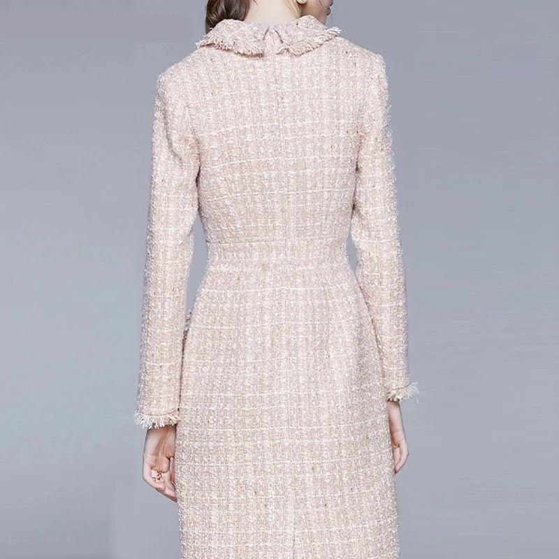Elegant Pink Tweed Tassel Dress – Slim Fit Long Sleeve One-Piece for Spring & Autumn