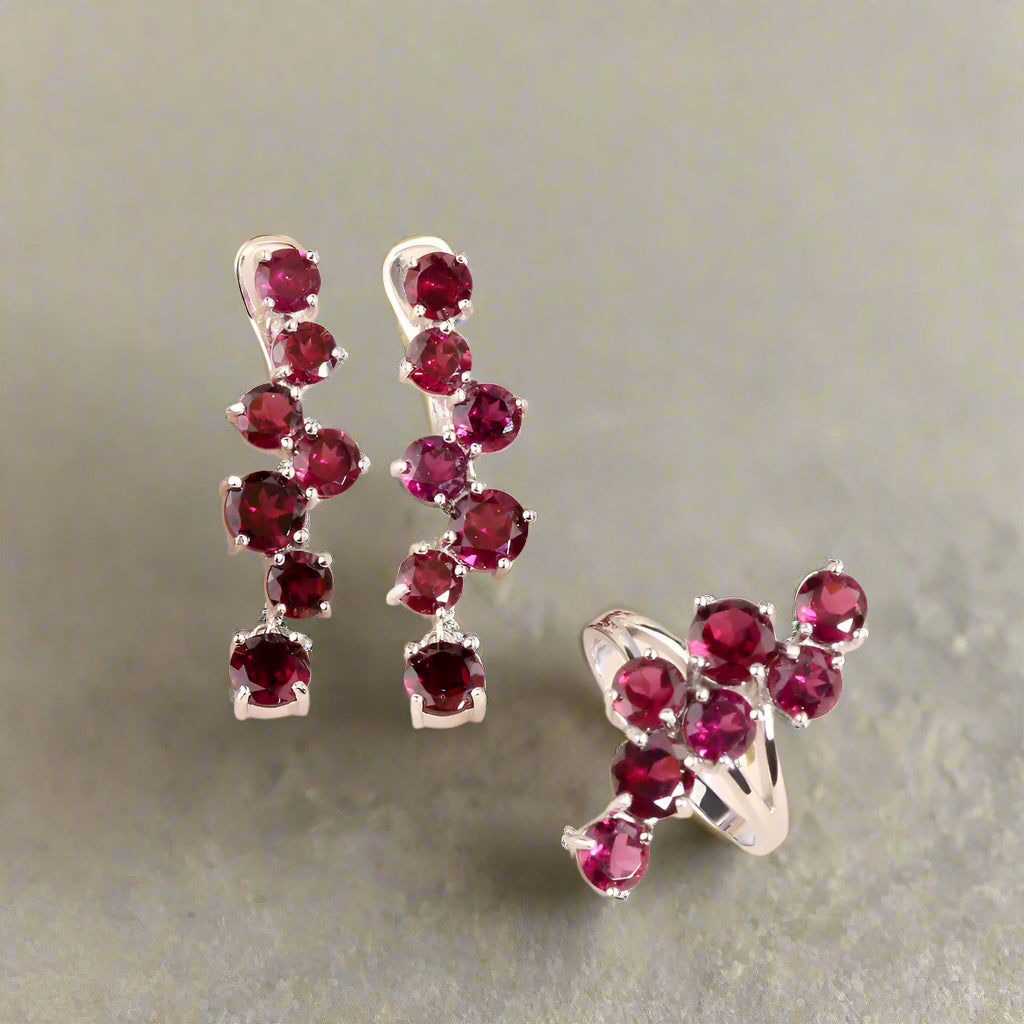 Elegant Rhodolite Garnet Ring and Earrings Set | 925 Sterling Silver Fine Jewelry | Perfect Gift for Women