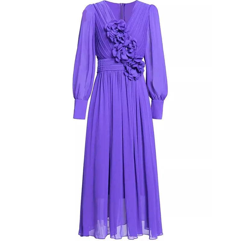 Elegant Solid Color Lantern Sleeve Dress – Women's Chic Appliqued High Waist Pleated Evening Dress for Autumn/Winter