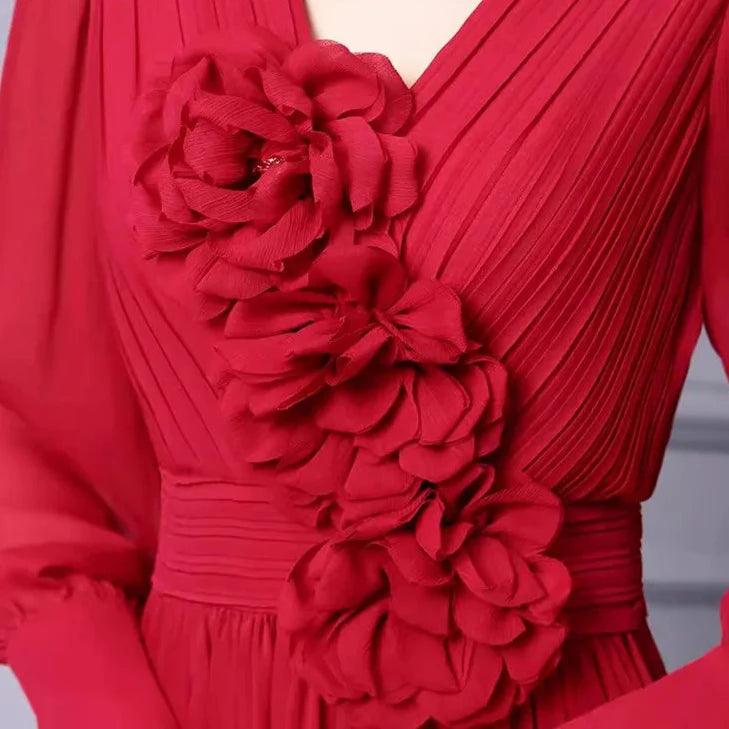 Elegant Solid Color Lantern Sleeve Dress – Women's Chic Appliqued High Waist Pleated Evening Dress for Autumn/Winter