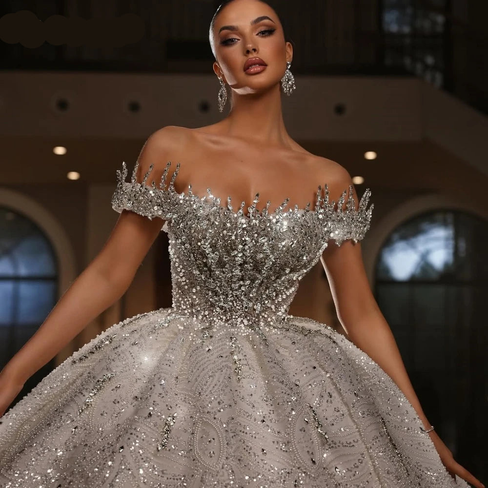 Exquisite Off-the-Shoulder Beaded Wedding Dress with Shiny Rhinestones Custom Lace-Up Ball Gown for Brides