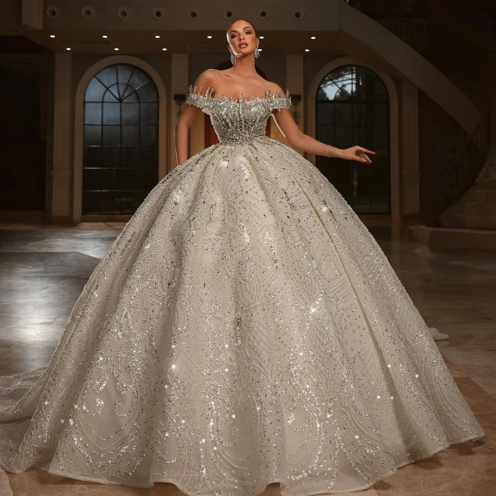 Exquisite Off-the-Shoulder Beaded Wedding Dress with Shiny Rhinestones Custom Lace-Up Ball Gown for Brides