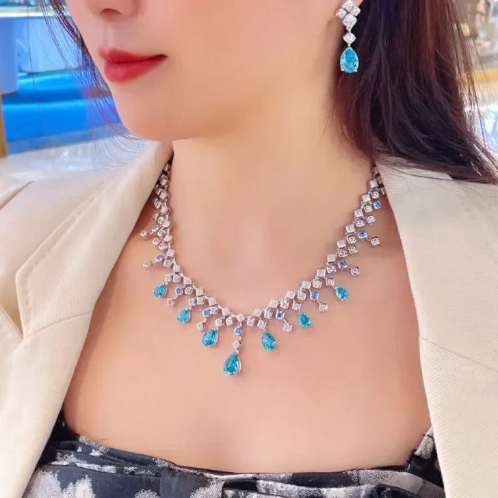Fashion aquamarine 925 Sterling Silver Water Drop Necklace Cultivate Sapphire Blue Necklace Pendants Plated Gold Necklace