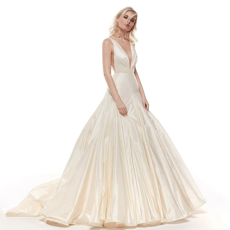 Elegant Satin A-Line Bridal Gown: Sexy Sleeveless V-Neck with Ruched Detailing
