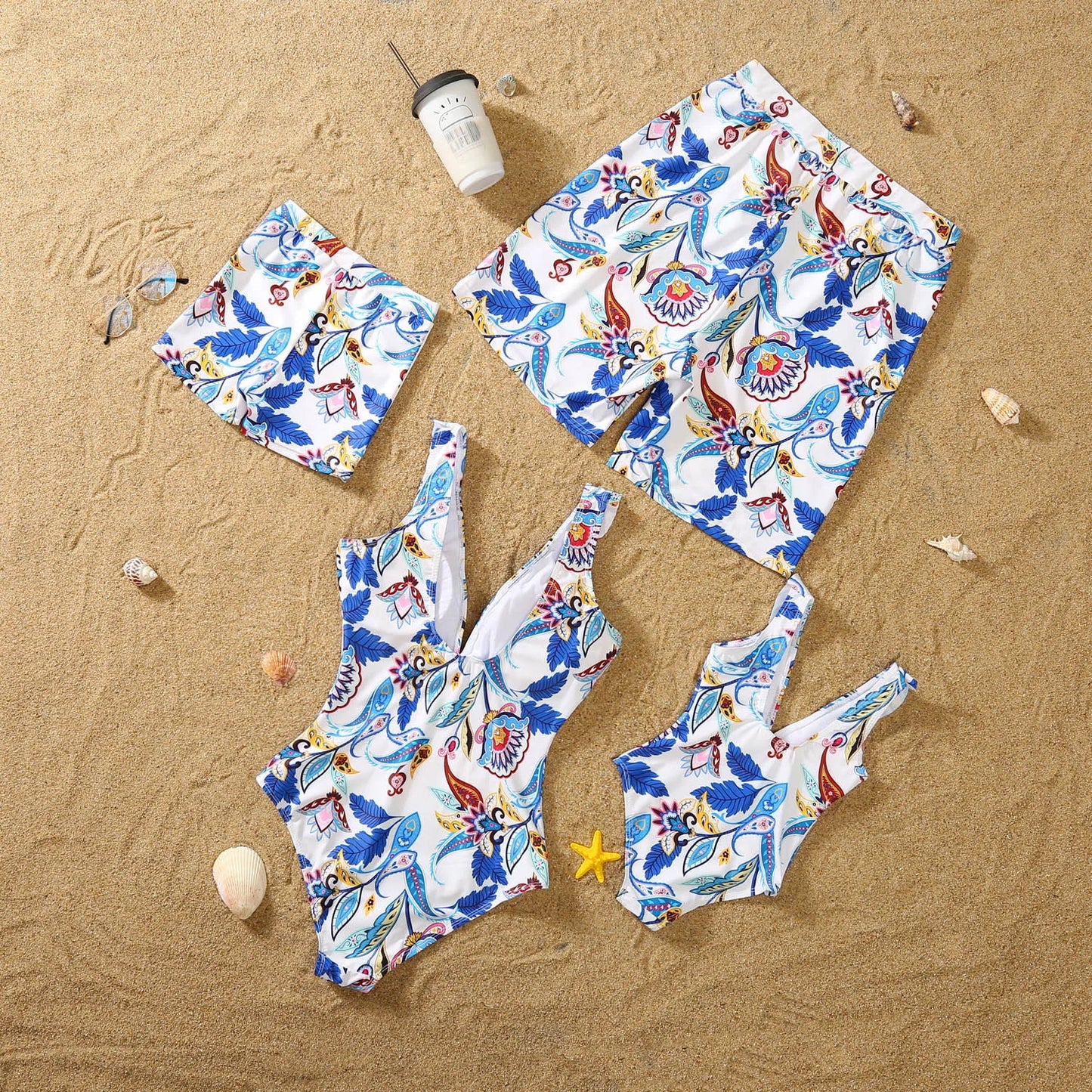 Family Matching Floral Swimwear – Mommy & Me Swimsuits and Men’s Boy Swim Trunks for Beach Holidays