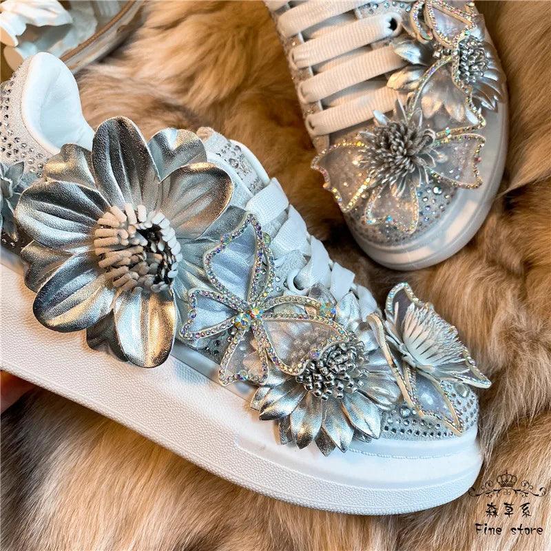 Silver Diamond Butterfly Bow Sneakers for Women - Comfortable, Fashionable Platform Shoes with Crystal and Flower Design