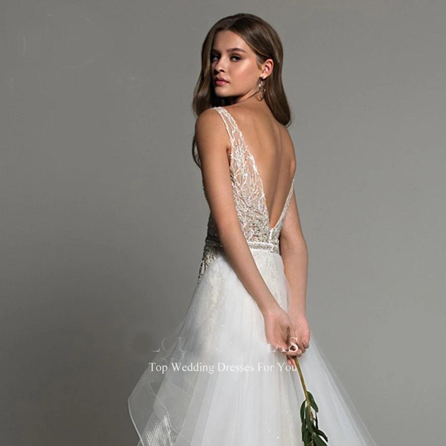 Sexy Mermaid Wedding Dress 2025- Detachable Train, Shimmering Beaded V-Neck, Backless Sleeveless Wedding Gown (Vestido De Novia)