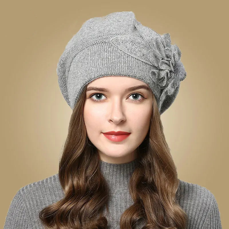 Women Rabbit Berets Knitted Wool Hats Winter Flowers Warm Female Cap Girls Beanies Fur Hat Gorros Bonnet Femme Hiver 2023