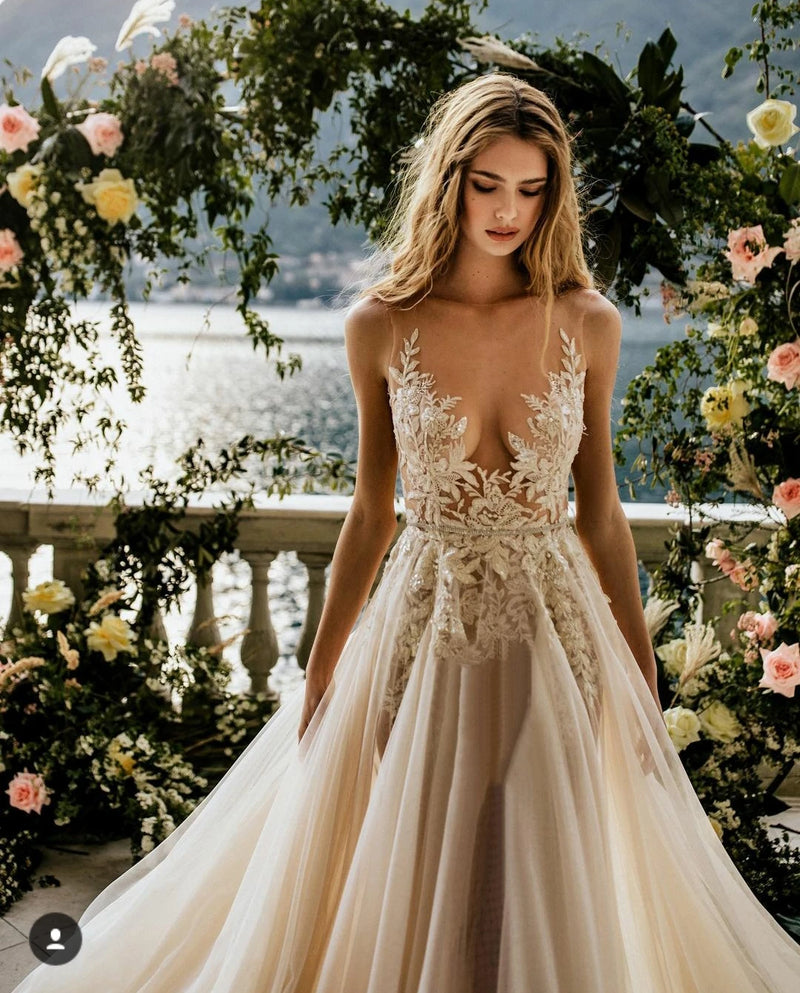 Boho Bridal Gown - Deep V-Neck A-Line Evening Dress with Lace Appliqués