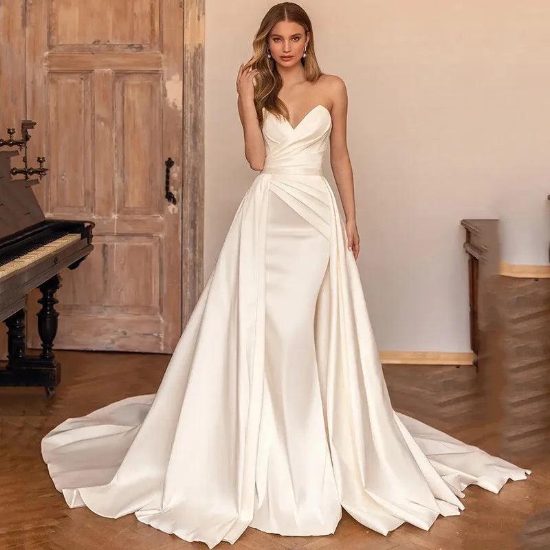 Ivory Satin Mermaid Wedding Dress - Elegant Detachable Train