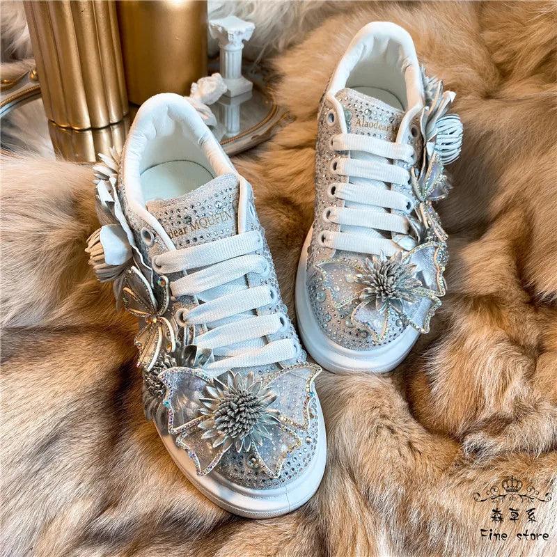 Silver Diamond Butterfly Bow Sneakers for Women - Comfortable, Fashionable Platform Shoes with Crystal and Flower Design