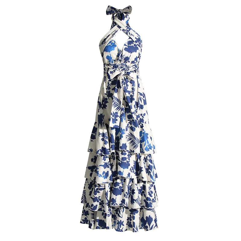 2025 Elegant Summer Halter Maxi Dress  -  Printed Empire Waist with Ruffles & Lace Detail