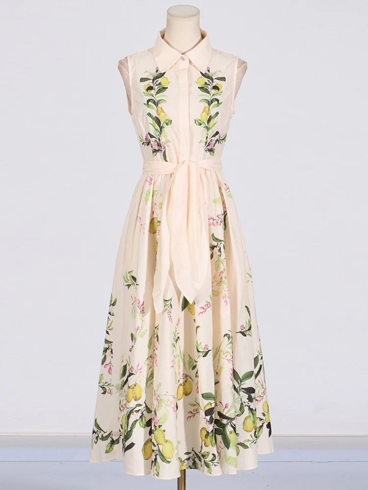 2025 Summer Advanced Design Beige Sleeveless Maxi Dress with Bow Belt and Turn-Down Collar