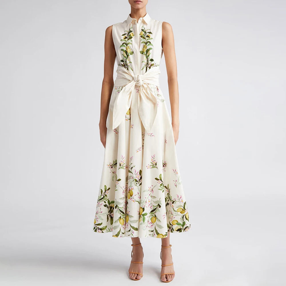 2025 Summer Advanced Design Beige Sleeveless Maxi Dress with Bow Belt and Turn-Down Collar