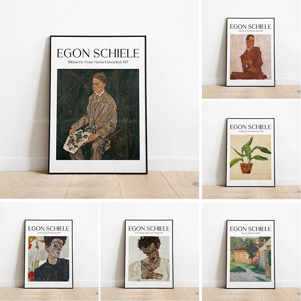 Egon Schiele - Self-portrait with head bowed, self-portrait with physalis, portrait of Dr. Hugo Kohler decorating poster