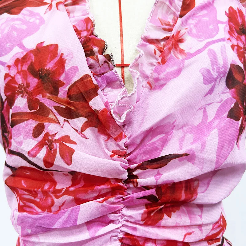 2025 Sexy Halter Floral Maxi Dress  -  Sleeveless Fit & Flare Party Gown with Ruffles