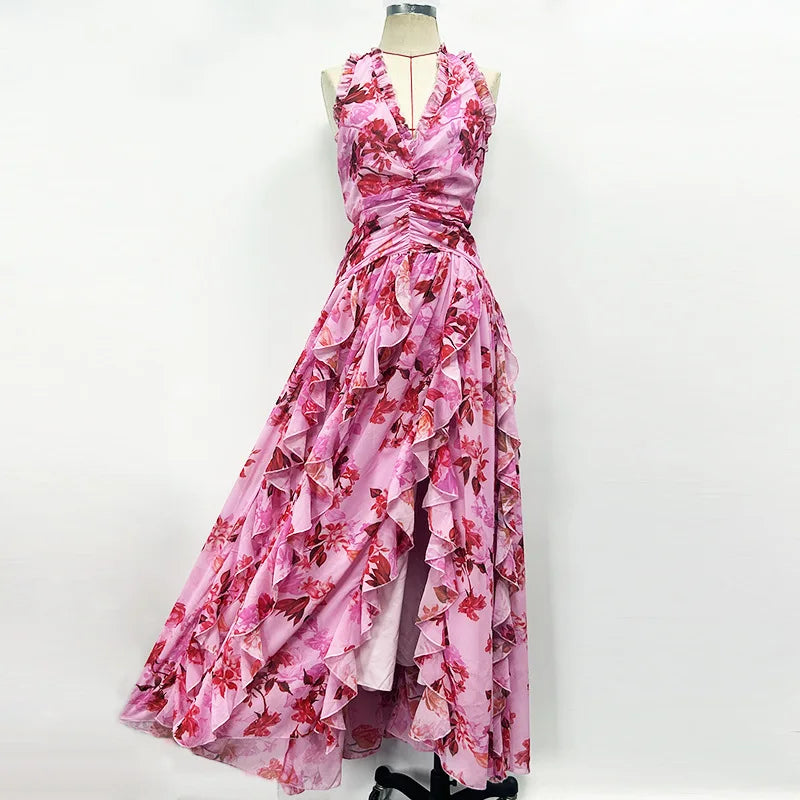 2025 Sexy Halter Floral Maxi Dress  -  Sleeveless Fit & Flare Party Gown with Ruffles
