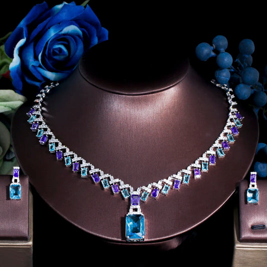 Luxury Blue & Purple Cubic Zirconia Bridal Jewelry Set Silver Square Drop Necklace & Earrings for Wedding or Party - HER SHOP