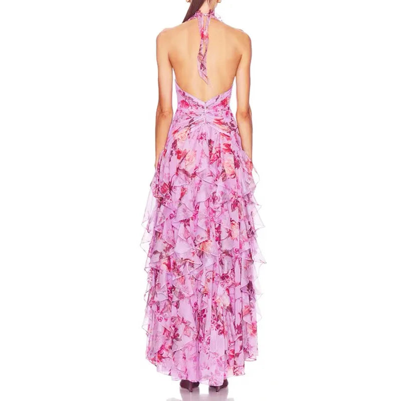 2025 Sexy Halter Floral Maxi Dress  -  Sleeveless Fit & Flare Party Gown with Ruffles