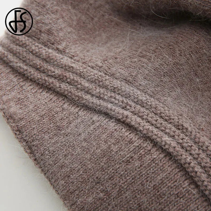 Women Rabbit Berets Knitted Wool Hats Winter Flowers Warm Female Cap Girls Beanies Fur Hat Gorros Bonnet Femme Hiver 2023