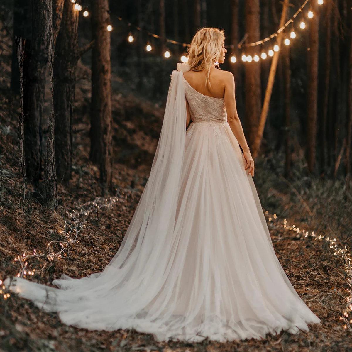 Custom One-Shoulder Ruched Tulle Beach Boho Wedding Dress with Beading & Floral Appliqués