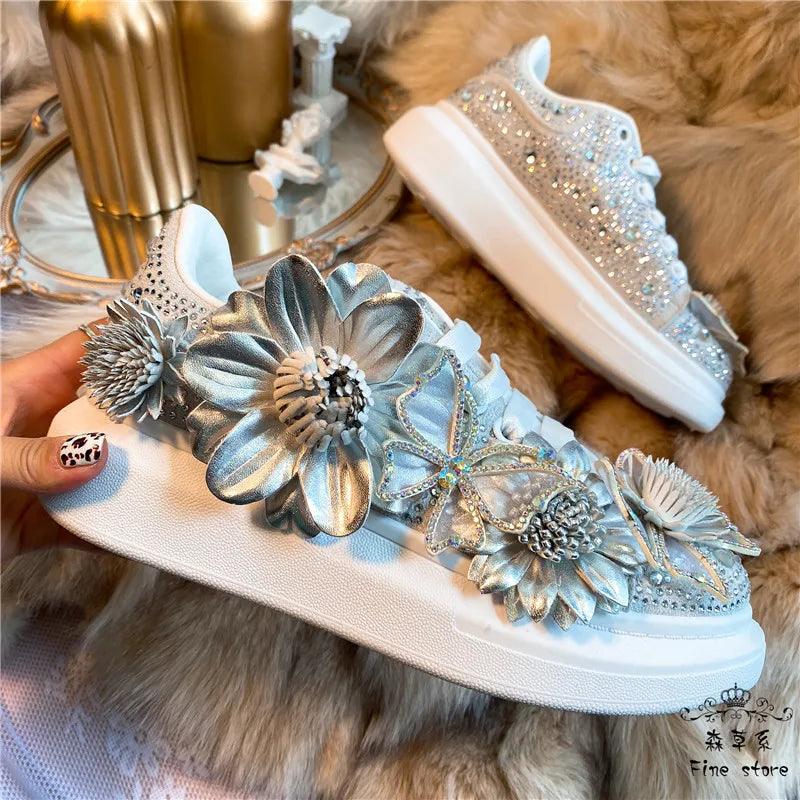 Silver Diamond Butterfly Bow Sneakers for Women - Comfortable, Fashionable Platform Shoes with Crystal and Flower Design