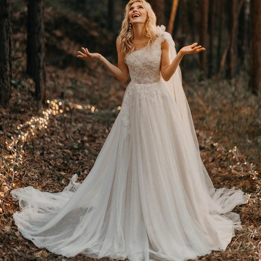 Custom One-Shoulder Ruched Tulle Beach Boho Wedding Dress with Beading & Floral Appliqués - HER SHOP®
