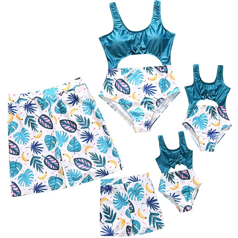 Family Matching Floral Swimwear – Mommy & Me Swimsuits and Men’s Boy Swim Trunks for Beach Holidays