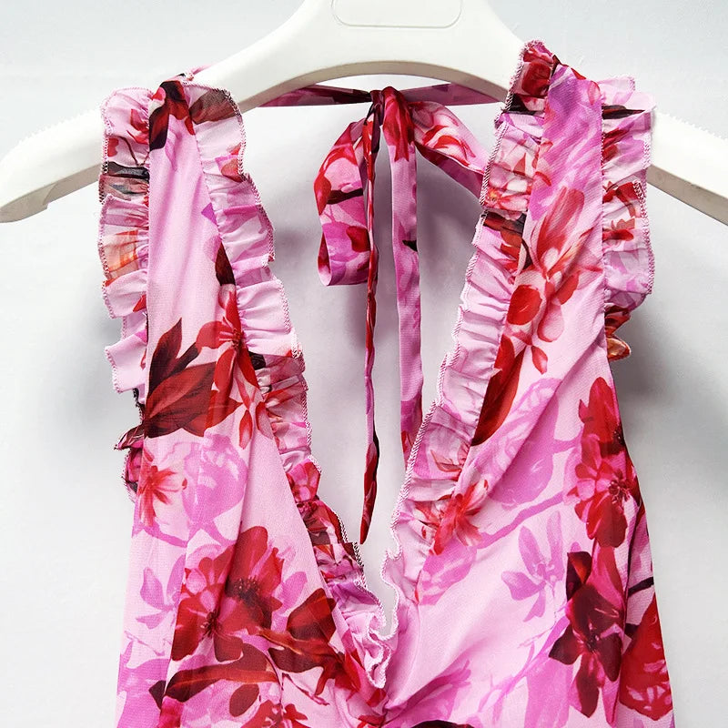 2025 Sexy Halter Floral Maxi Dress  -  Sleeveless Fit & Flare Party Gown with Ruffles