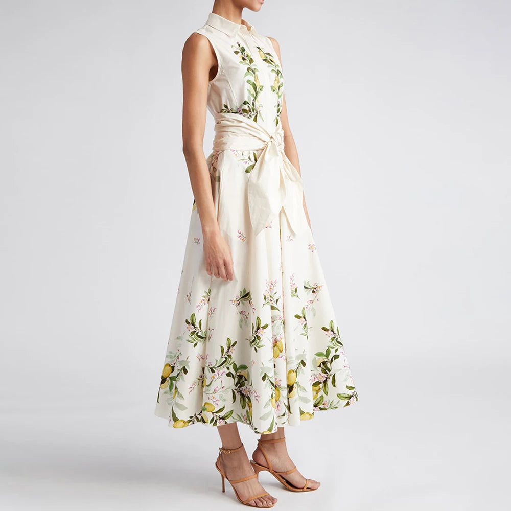 2025 Summer Advanced Design Beige Sleeveless Maxi Dress with Bow Belt and Turn-Down Collar