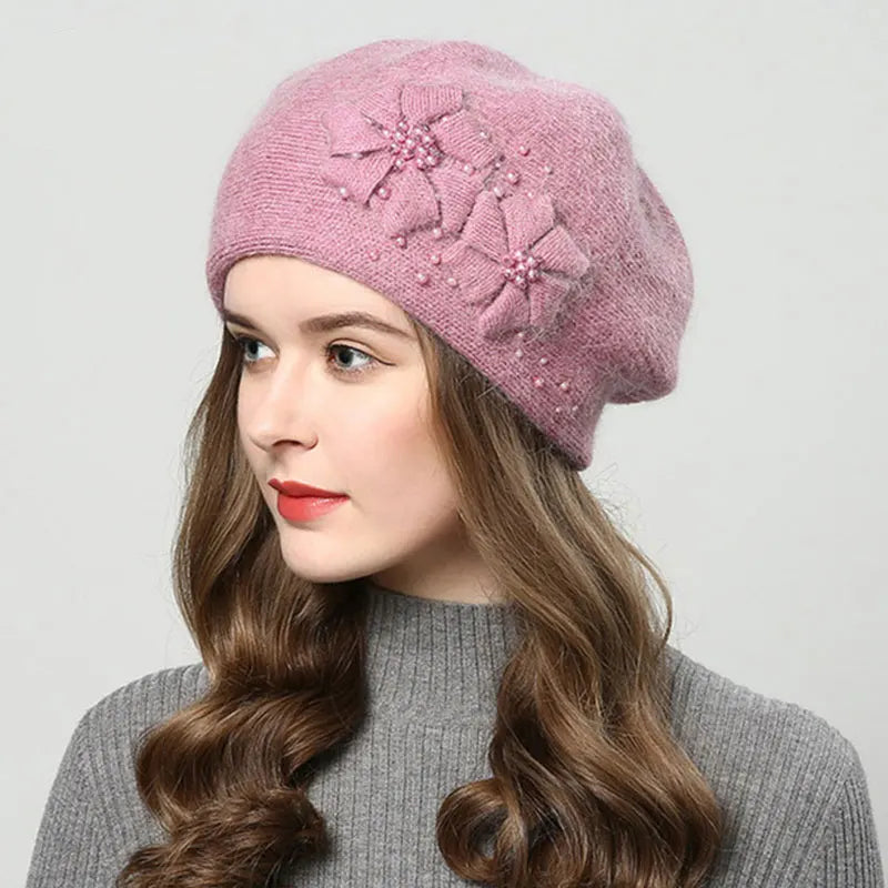 Women Rabbit Berets Knitted Wool Hats Winter Flowers Warm Female Cap Girls Beanies Fur Hat Gorros Bonnet Femme Hiver 2023