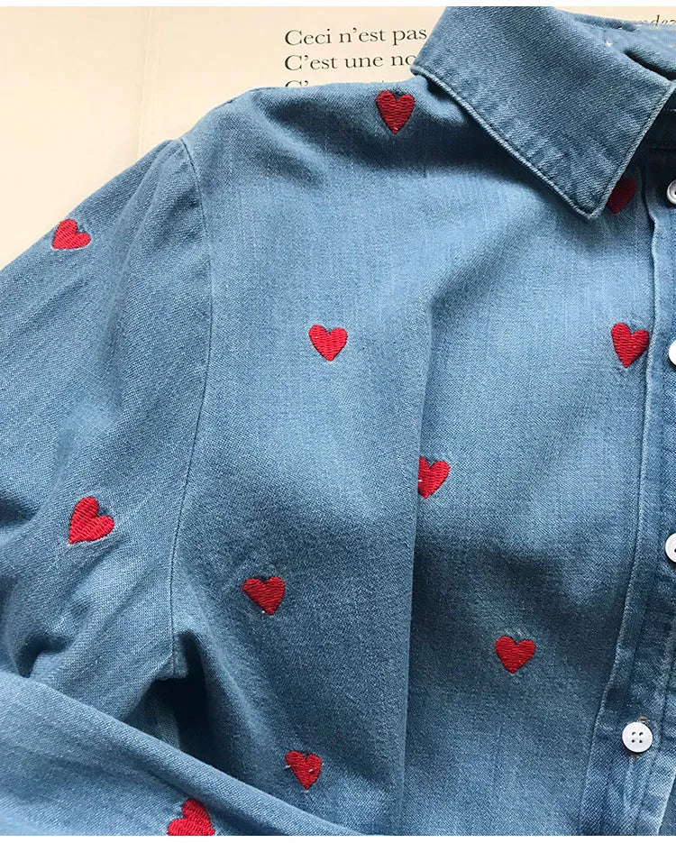Women's Heart Embroidery Blouse - Turn-Down Collar, Single-Breasted, Fresh Long Sleeve Denim Shirt for Valentine's Day