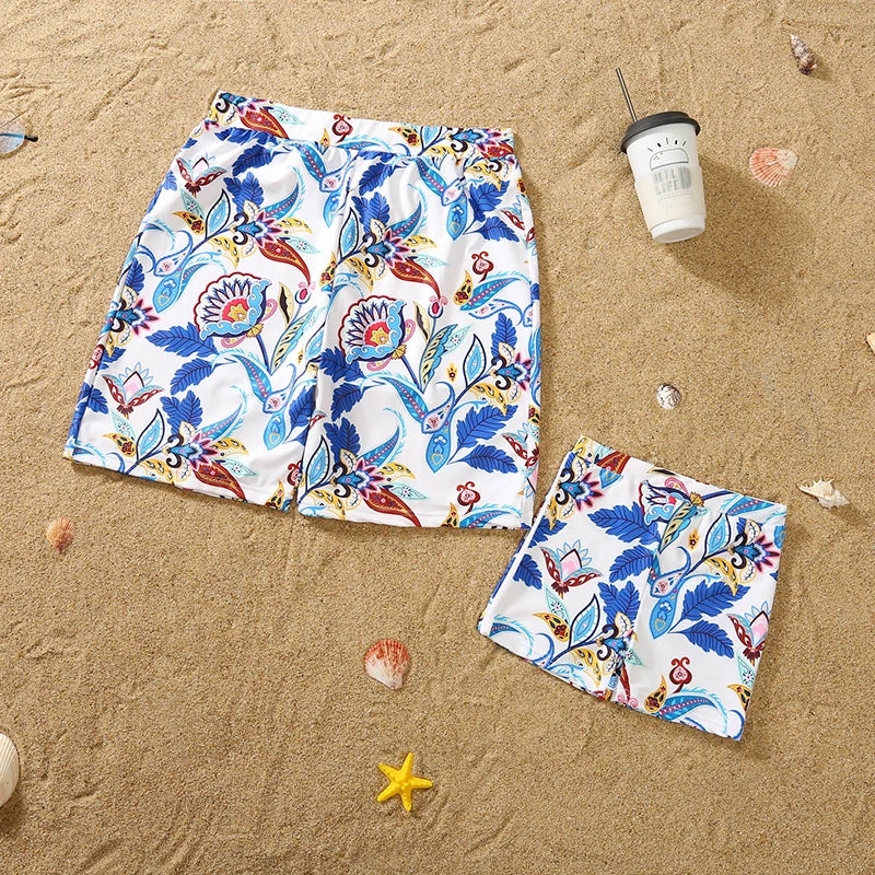 Family Matching Floral Swimwear – Mommy & Me Swimsuits and Men’s Boy Swim Trunks for Beach Holidays
