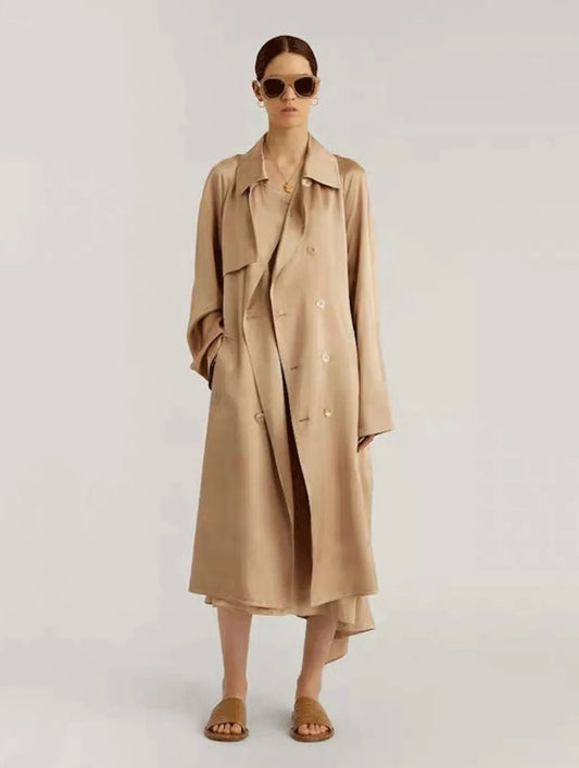 Effortless Chic Gloss 100% Heavy Silk Satin Champagne Double Breasted Belted Trench Elegant Turn-Collar Long Coat Event Outwear - HER SHOP