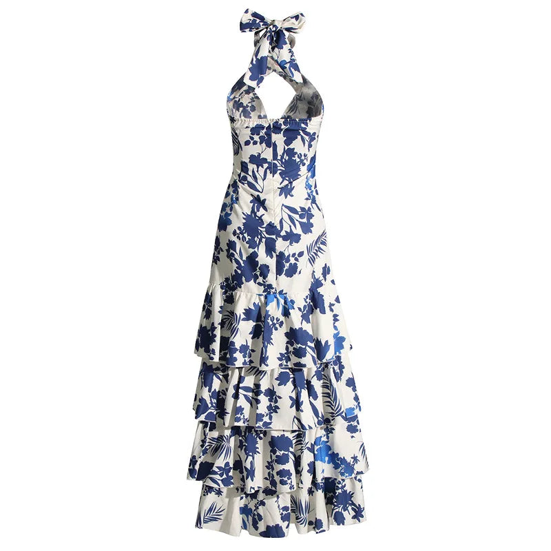 2025 Elegant Summer Halter Maxi Dress  -  Printed Empire Waist with Ruffles & Lace Detail