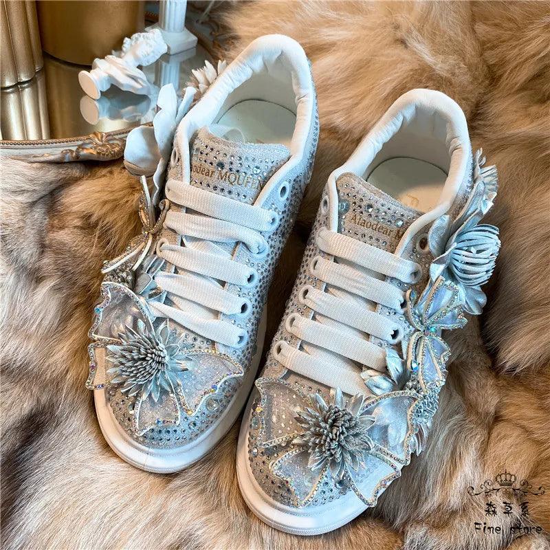 Silver Diamond Butterfly Bow Sneakers for Women - Comfortable, Fashionable Platform Shoes with Crystal and Flower Design